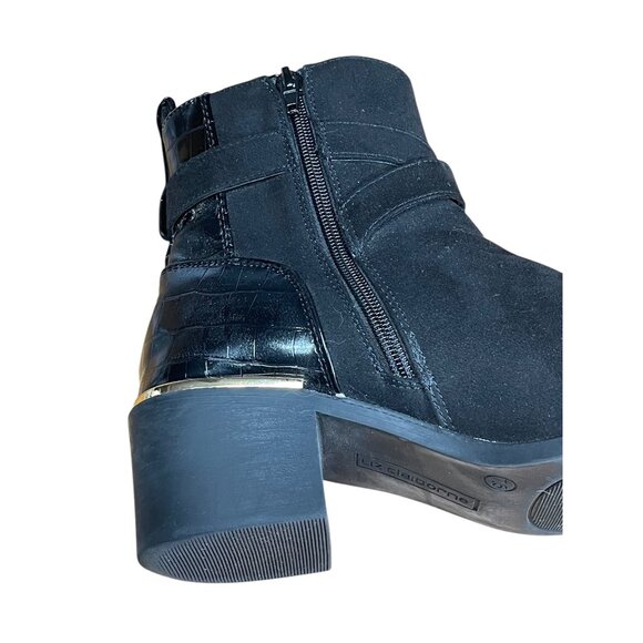 Black Faux Suede & Croc-Embossed Ankle Boots With Gold Accents  Size 7,5 M - Picture 8 of 13